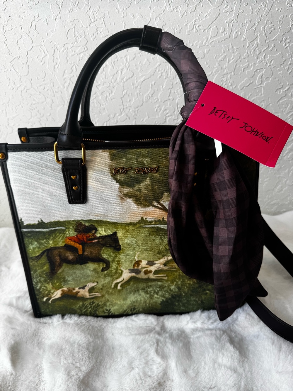NWT Betsey Johnson Satchel Bag with Horse and Dogs print and Scarf